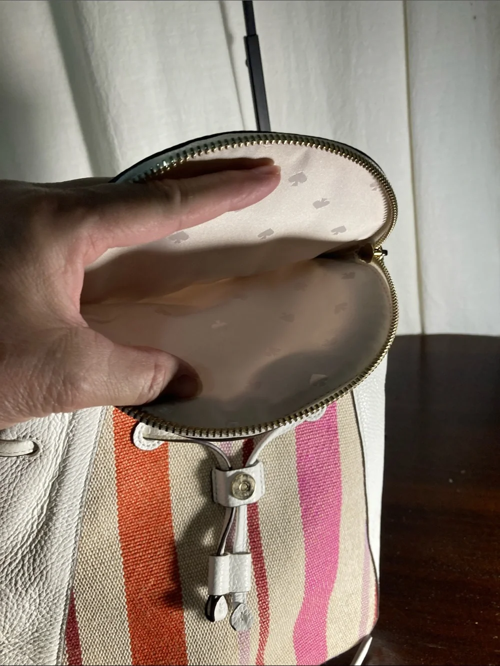 kate spade White Leather Backpack with Multicolor Stripe Front